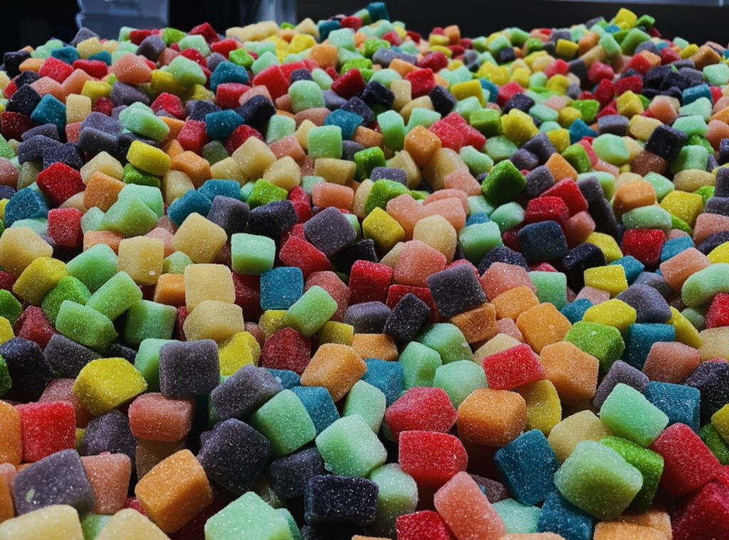 colorful gummies with a header that says Beware of Scam Pages